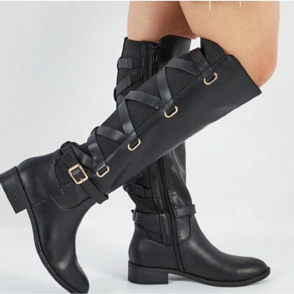 Thalia Sodi Veronika Black Knee High Wide Calf Boots 7WIDE NWOT Back Lace Up